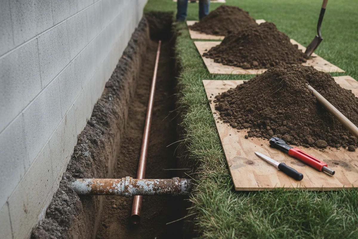 Excavated water line trench during Water Heater Repair in Lake Elmo